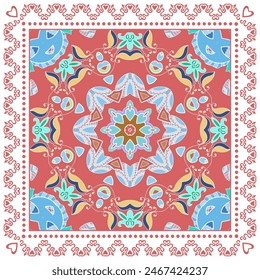 Decorative doodle ornament, symmetric pattern with lace frame. Tribal ethnic mandala decor. Bandana shawl, hijab, tablecloth fabric print, silk neck scarf, kerchief design. Colorful vector background