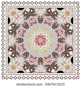 Decorative doodle ornament, symmetric pattern with lace frame. Tribal ethnic mandala decor. Bandana shawl, hijab, tablecloth fabric print, silk neck scarf, kerchief design. Colorful vector background