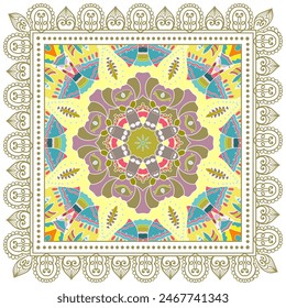 Decorative doodle ornament, symmetric pattern with lace frame. Tribal ethnic mandala decor. Bandana shawl, hijab, tablecloth fabric print, silk neck scarf, kerchief design. Colorful vector background