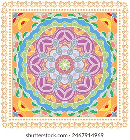 Decorative doodle ornament, symmetric pattern with lace frame. Tribal ethnic mandala decor. Bandana shawl, hijab, tablecloth fabric print, silk neck scarf, kerchief design. Colorful vector background