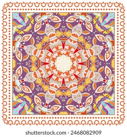 Decorative doodle ornament, symmetric pattern with lace frame. Tribal ethnic mandala decor. Bandana shawl, hijab, tablecloth fabric print, silk neck scarf, kerchief design. Colorful vector background