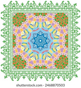 Adorno de garabato decorativo, patrón simétrico con marco de encaje. Decoración de mandala étnica tribal. Mantón de banana, hijab, estampado de mantel, bufanda de seda, diseño de pañuelo. Fondo de Vector colorido