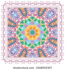 Dekoratives Kritzelornament, symmetrisches Muster mit Spitzenrahmen. Dekoration im Stil der Ethno-Mandalas. Bandana Schal, Hijab, Tischdecke Stoffdruck, Seidenhalsschal, Kerstuch-Design. Bunte Vektorgrafik Hintergrund