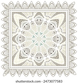 Decorative doodle ornament, symmetric pattern with lace frame. Tribal ethnic mandala decor. Bandana shawl, hijab, tablecloth fabric print, silk neck scarf, kerchief design. Colorful vector background