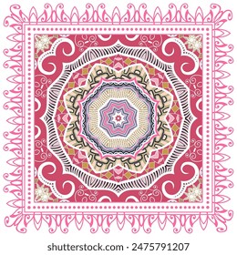 Decorative doodle ornament, symmetric pattern with lace frame. Tribal ethnic mandala decor. Bandana shawl, hijab, tablecloth fabric print, silk neck scarf, kerchief design. Colorful vector background