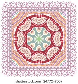Decorative doodle ornament, symmetric pattern with lace frame. Tribal ethnic mandala decor. Bandana shawl, hijab, tablecloth fabric print, silk neck scarf, kerchief design. Colorful vector background