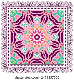 Decorative doodle ornament, symmetric pattern with lace frame. Tribal ethnic mandala decor. Bandana shawl, hijab, tablecloth fabric print, silk neck scarf, kerchief design. Colorful vector background