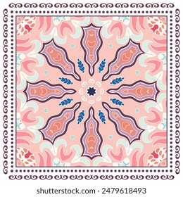 Decorative doodle ornament, symmetric pattern with lace frame. Tribal ethnic mandala decor. Bandana shawl, hijab, tablecloth fabric print, silk neck scarf, kerchief design. Colorful vector background