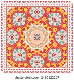 Decorative doodle ornament, symmetric pattern with lace frame. Tribal ethnic mandala decor. Bandana shawl, hijab, tablecloth fabric print, silk neck scarf, kerchief design. Colorful vector background