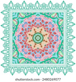 Decorative doodle ornament, symmetric pattern with lace frame. Tribal ethnic mandala decor. Bandana shawl, hijab, tablecloth fabric print, silk neck scarf, kerchief design. Colorful vector background