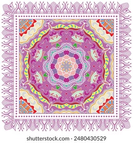 Decorative doodle ornament, symmetric pattern with lace frame. Tribal ethnic mandala decor. Bandana shawl, hijab, tablecloth fabric print, silk neck scarf, kerchief design. Colorful vector background