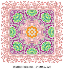 Decorative doodle ornament, symmetric pattern with lace frame. Tribal ethnic mandala decor. Bandana shawl, hijab, tablecloth fabric print, silk neck scarf, kerchief design. Colorful vector background