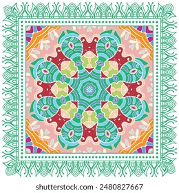 Dekoratives Kritzelornament, symmetrisches Muster mit Spitzenrahmen. Dekoration im Stil der Ethno-Mandalas. Bandana Schal, Hijab, Tischdecke Stoffdruck, Seidenhalsschal, Kerstuch-Design. Bunte Vektorgrafik Hintergrund