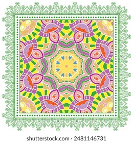 Decorative doodle ornament, symmetric pattern with lace frame. Tribal ethnic mandala decor. Bandana shawl, hijab, tablecloth fabric print, silk neck scarf, kerchief design. Colorful vector background