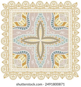 Adorno de garabato decorativo, patrón simétrico con marco de encaje. Decoración de mandala étnica tribal. Mantón de banana, hijab, estampado de mantel, bufanda de seda, diseño de pañuelo. Fondo de Vector colorido