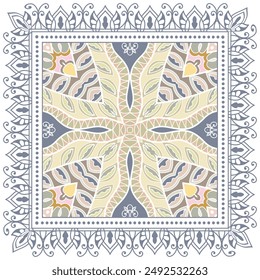 Decorative doodle ornament, symmetric pattern with lace frame. Tribal ethnic mandala decor. Bandana shawl, hijab, tablecloth fabric print, silk neck scarf, kerchief design. Colorful vector background