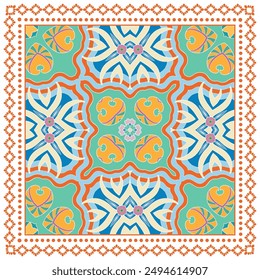 Decorative doodle ornament, symmetric pattern with lace frame. Tribal ethnic mandala decor. Bandana shawl, hijab, tablecloth fabric print, silk neck scarf, kerchief design. Colorful vector background
