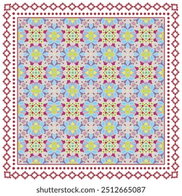 Decorative doodle ornament, symmetric pattern with lace frame. Tribal ethnic mandala decor. Bandana shawl, hijab, tablecloth fabric print, silk neck scarf, kerchief design. Colorful vector background