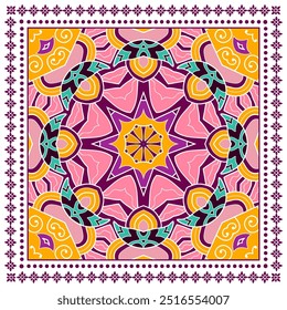 Decorative doodle ornament, symmetric pattern with lace frame. Tribal ethnic mandala decor. Bandana shawl, hijab, tablecloth fabric print, silk neck scarf, kerchief design. Colorful vector background
