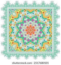 Ornamento de doodle decorativo, patrón simétrico con marco de encaje. Decoración tribal étnica mandala. Bandana chal, hijab, estampado de tela de mantel, bufanda de cuello de seda, diseño de pañuelo. Fondo de Vector colorido