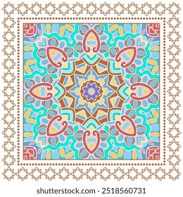 Ornamento de doodle decorativo, patrón simétrico con marco de encaje. Decoración tribal étnica mandala. Bandana chal, hijab, estampado de tela de mantel, bufanda de cuello de seda, diseño de pañuelo. Fondo de Vector colorido