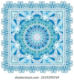 Decorative doodle ornament, symmetric pattern with lace frame. Tribal ethnic mandala decor. Bandana shawl, hijab, tablecloth fabric print, silk neck scarf, kerchief design. Colorful vector background