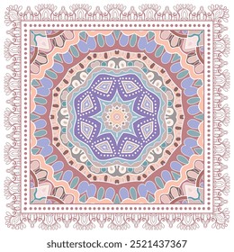 Decorative doodle ornament, symmetric pattern with lace frame. Tribal ethnic mandala decor. Bandana shawl, hijab, tablecloth fabric print, silk neck scarf, kerchief design. Colorful vector background