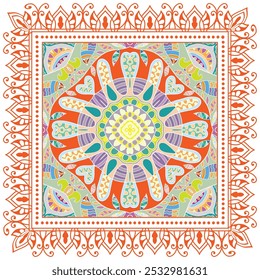 Decorative doodle ornament, symmetric pattern with lace frame. Tribal ethnic mandala decor. Bandana shawl, hijab, tablecloth fabric print, silk neck scarf, kerchief design. Colorful vector background