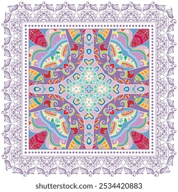 Decorative doodle ornament, symmetric pattern with lace frame. Tribal ethnic mandala decor. Bandana shawl, hijab, tablecloth fabric print, silk neck scarf, kerchief design. Colorful vector background