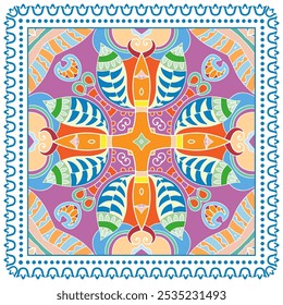 Ornamento decorativo doodle, padrão simétrico com quadro de renda. Decoração de mandala étnica tribal. Xale de Bandana, hijab, impressão de tecido de toalha de mesa, cachecol de pescoço de seda, design de lenço. Fundo de vetor colorido