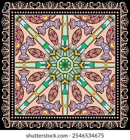 Decorative doodle ornament, symmetric pattern with lace frame. Tribal ethnic mandala decor. Bandana shawl, hijab, tablecloth fabric print, silk neck scarf, kerchief design. Colorful vector background