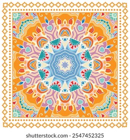 Ornamento de doodle decorativo, patrón simétrico con marco de encaje. Decoración tribal étnica mandala. Bandana chal, hijab, estampado de tela de mantel, bufanda de cuello de seda, diseño de pañuelo. Fondo de Vector colorido