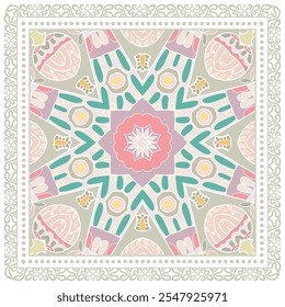 Ornamento de doodle decorativo, patrón simétrico con marco de encaje. Decoración tribal étnica mandala. Bandana chal, hijab, estampado de tela de mantel, bufanda de cuello de seda, diseño de pañuelo. Fondo de Vector colorido