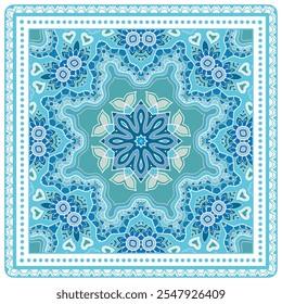 Ornamento de doodle decorativo, patrón simétrico con marco de encaje. Decoración tribal étnica mandala. Bandana chal, hijab, estampado de tela de mantel, bufanda de cuello de seda, diseño de pañuelo. Fondo de Vector colorido