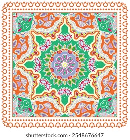 Ornamento de doodle decorativo, patrón simétrico con marco de encaje. Decoración tribal étnica mandala. Bandana chal, hijab, estampado de tela de mantel, bufanda de cuello de seda, diseño de pañuelo. Fondo de Vector colorido