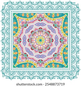 Decorative doodle ornament, symmetric pattern with lace frame. Tribal ethnic mandala decor. Bandana shawl, hijab, tablecloth fabric print, silk neck scarf, kerchief design. Colorful vector background
