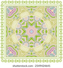 Ornamento de doodle decorativo, patrón simétrico con marco de encaje. Decoración tribal étnica mandala. Bandana chal, hijab, estampado de tela de mantel, bufanda de cuello de seda, diseño de pañuelo. Fondo de Vector colorido