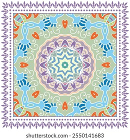 Ornamento de doodle decorativo, patrón simétrico con marco de encaje. Decoración tribal étnica mandala. Bandana chal, hijab, estampado de tela de mantel, bufanda de cuello de seda, diseño de pañuelo. Fondo de Vector colorido