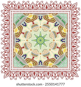 Ornamento de doodle decorativo, patrón simétrico con marco de encaje. Decoración tribal étnica mandala. Bandana chal, hijab, estampado de tela de mantel, bufanda de cuello de seda, diseño de pañuelo. Fondo de Vector colorido