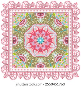 Ornamento de doodle decorativo, patrón simétrico con marco de encaje. Decoración tribal étnica mandala. Bandana chal, hijab, estampado de tela de mantel, bufanda de cuello de seda, diseño de pañuelo. Fondo de Vector colorido