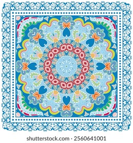 Decorative doodle ornament, symmetric pattern with lace frame. Tribal ethnic mandala decor. Bandana shawl, hijab, tablecloth fabric print, silk neck scarf, kerchief design. Colorful vector background