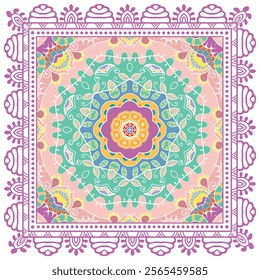 Decorative doodle ornament, symmetric pattern with lace frame. Tribal ethnic mandala decor. Bandana shawl, hijab, tablecloth fabric print, silk neck scarf, kerchief design. Colorful vector background