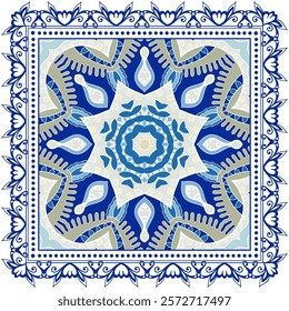 Decorative doodle ornament, symmetric pattern with lace frame. Tribal ethnic mandala decor. Bandana shawl, hijab, tablecloth fabric print, silk neck scarf, kerchief design. Colorful vector background