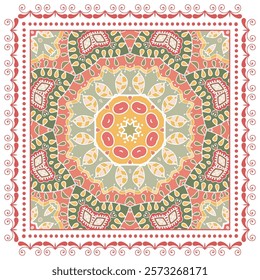 Decorative doodle ornament, symmetric pattern with lace frame. Tribal ethnic mandala decor. Bandana shawl, hijab, tablecloth fabric print, silk neck scarf, kerchief design. Colorful vector background