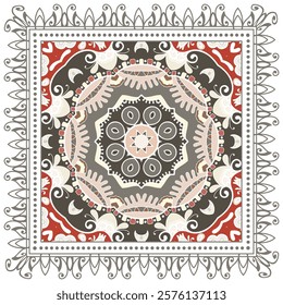 Decorative doodle ornament, symmetric pattern with lace frame. Tribal ethnic mandala decor. Bandana shawl, hijab, tablecloth fabric print, silk neck scarf, kerchief design. Colorful vector background