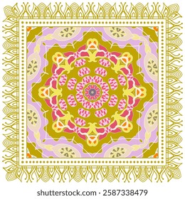 Decorative doodle ornament, symmetric pattern with lace frame. Tribal ethnic mandala decor. Bandana shawl, hijab, tablecloth fabric print, silk neck scarf, kerchief design. Colorful vector background