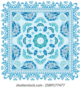 Decorative doodle ornament, symmetric pattern with lace frame. Tribal ethnic mandala decor. Bandana shawl, hijab, tablecloth fabric print, silk neck scarf, kerchief design. Colorful vector background