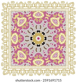 Decorative doodle ornament, symmetric pattern with lace frame. Tribal ethnic mandala decor. Bandana shawl, hijab, tablecloth fabric print, silk neck scarf, kerchief design. Colorful vector background