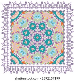 Decorative doodle ornament, symmetric pattern with lace frame. Tribal ethnic mandala decor. Bandana shawl, hijab, tablecloth fabric print, silk neck scarf, kerchief design. Colorful vector background