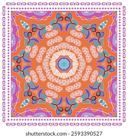 Decorative doodle ornament, symmetric pattern with lace frame. Tribal ethnic mandala decor. Bandana shawl, hijab, tablecloth fabric print, silk neck scarf, kerchief design. Colorful vector background